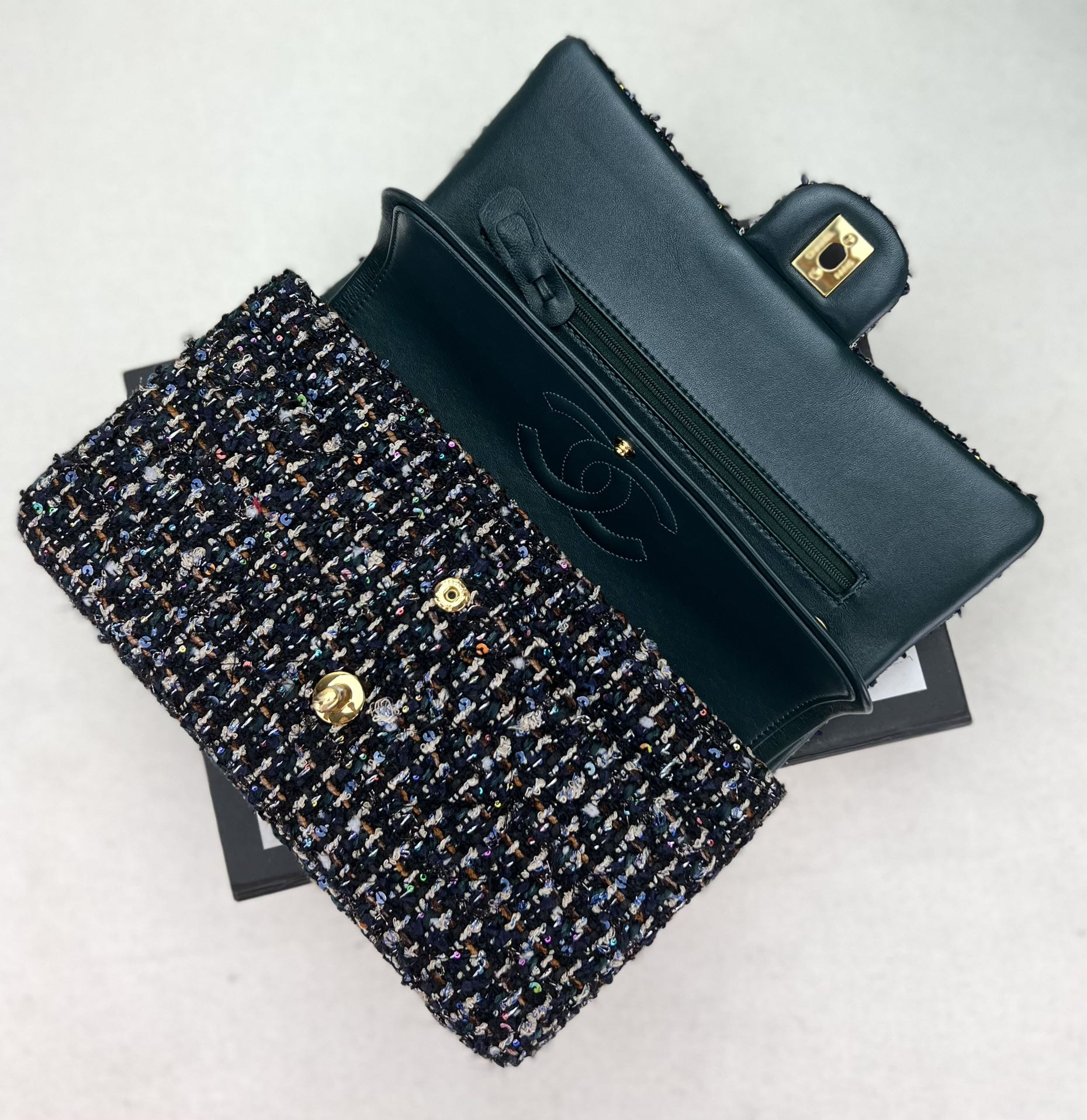 Ch*el classic 11.12 handbag tweed & gold-tone metal 6 × 9.9 × 2.5 in