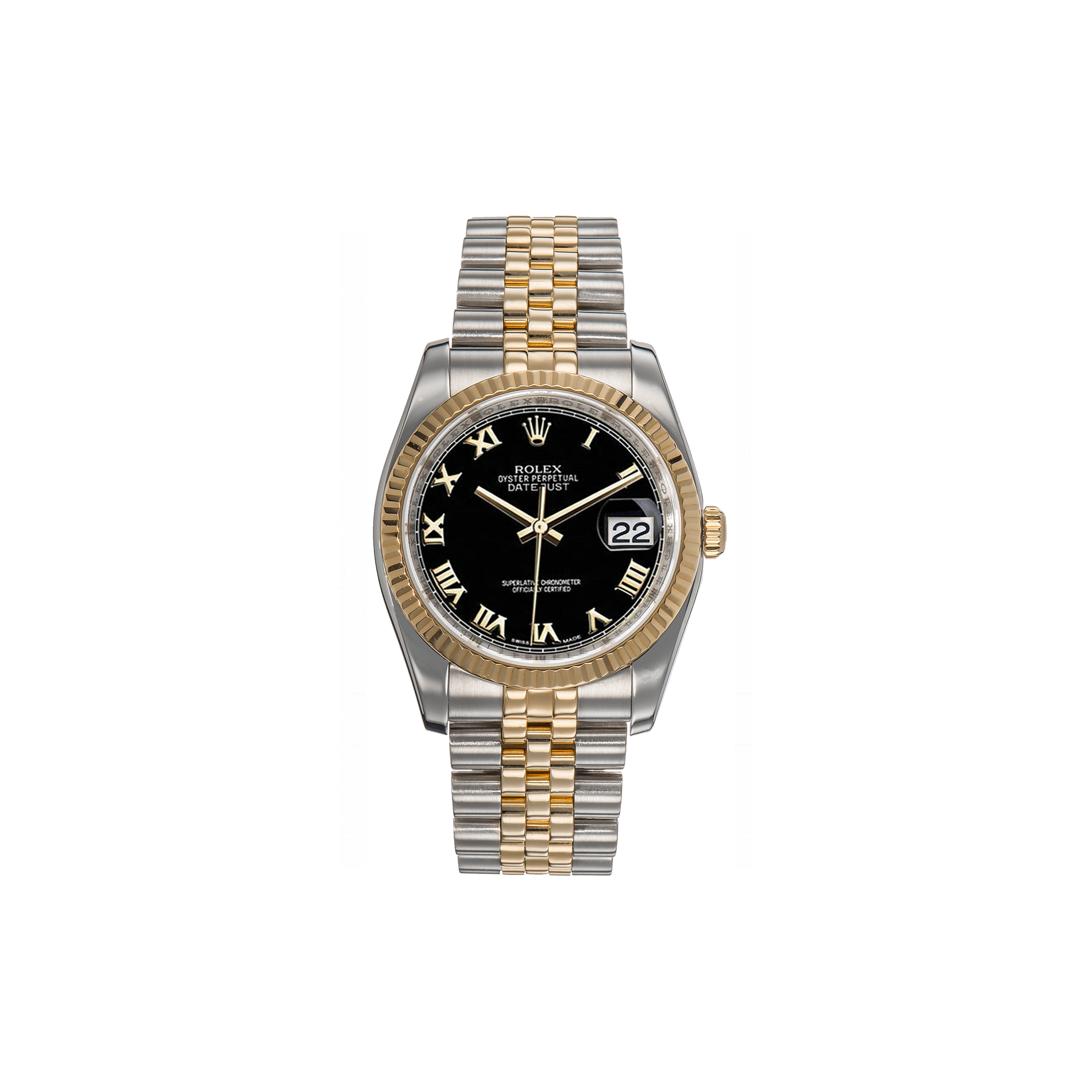 R*l*x datejust fluted bezel black roman dial watch 116233