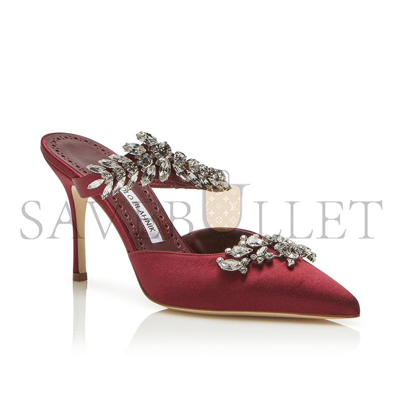 MANOLO BLAHNIK LURUMUS BURGUNDY SATIN CRYSTAL EMBELLISHED MULES 9XX-0362-0038