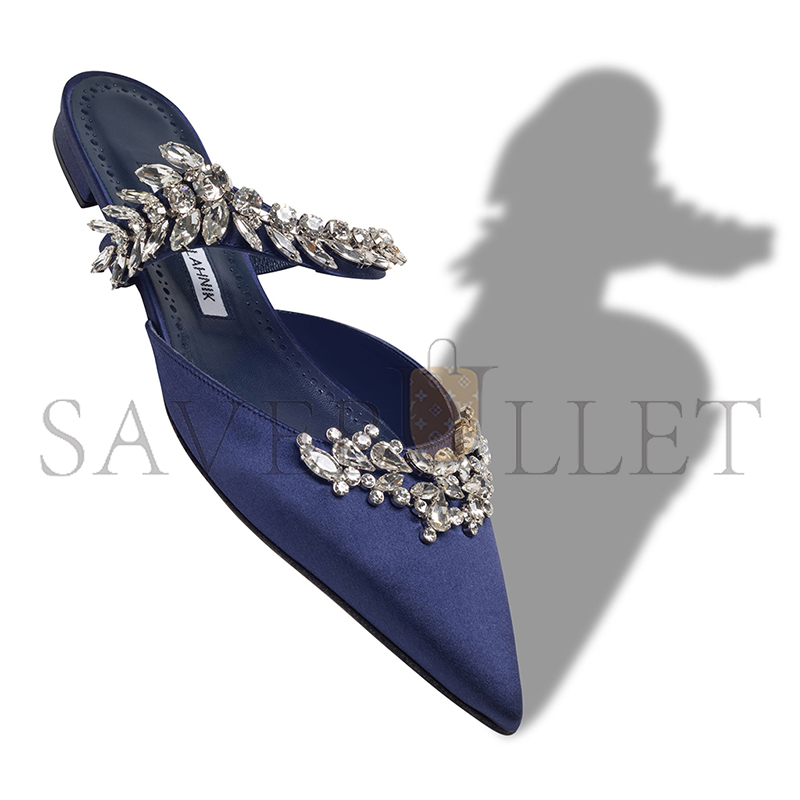 MANOLO BLAHNIK LURUMFLATUS NAVY BLUE SATIN CRYSTAL EMBELLISHED FLAT MULES 122-1947-0006