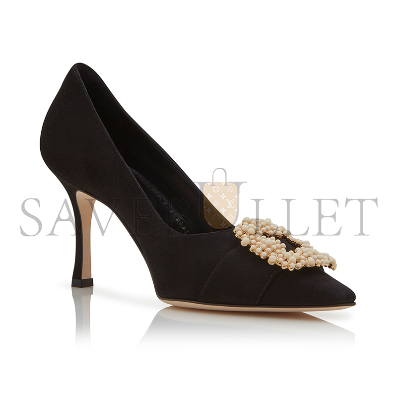 MANOLO BLAHNIK GIBOAUS BLACK SUEDE PEARL BUCKLE PUMPS 125-2895-0004