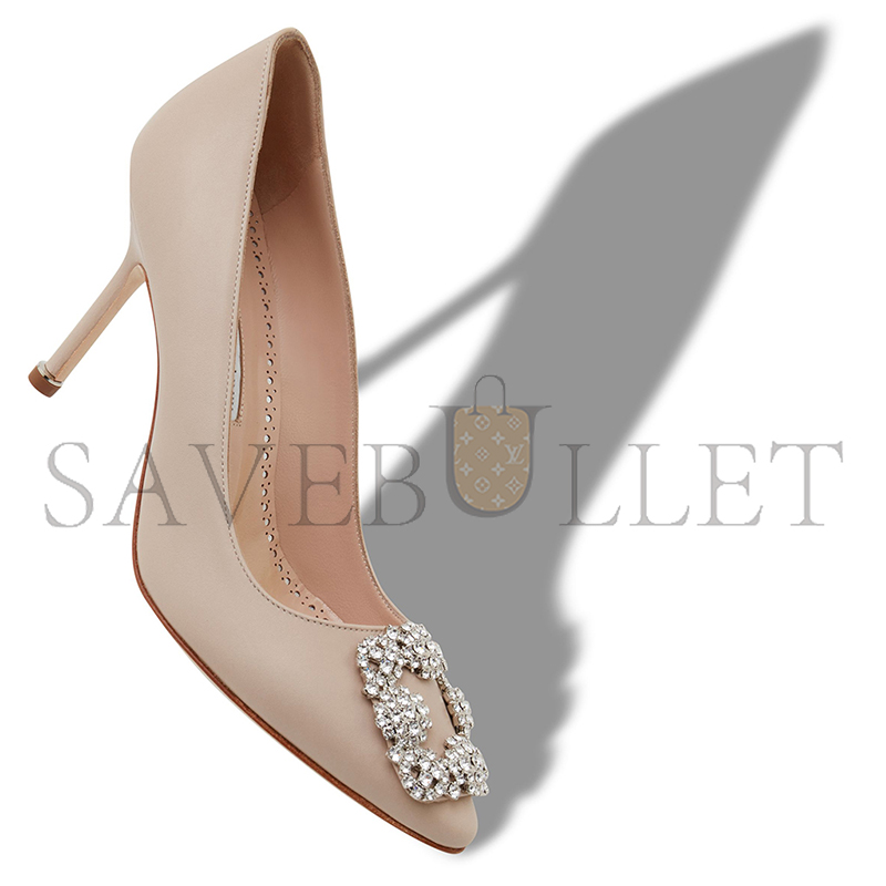 MANOLO BLAHNIK HANGISI 90 BEIGE CALF LEATHER JEWEL BUCKLE PUMPS 121-1711-0001