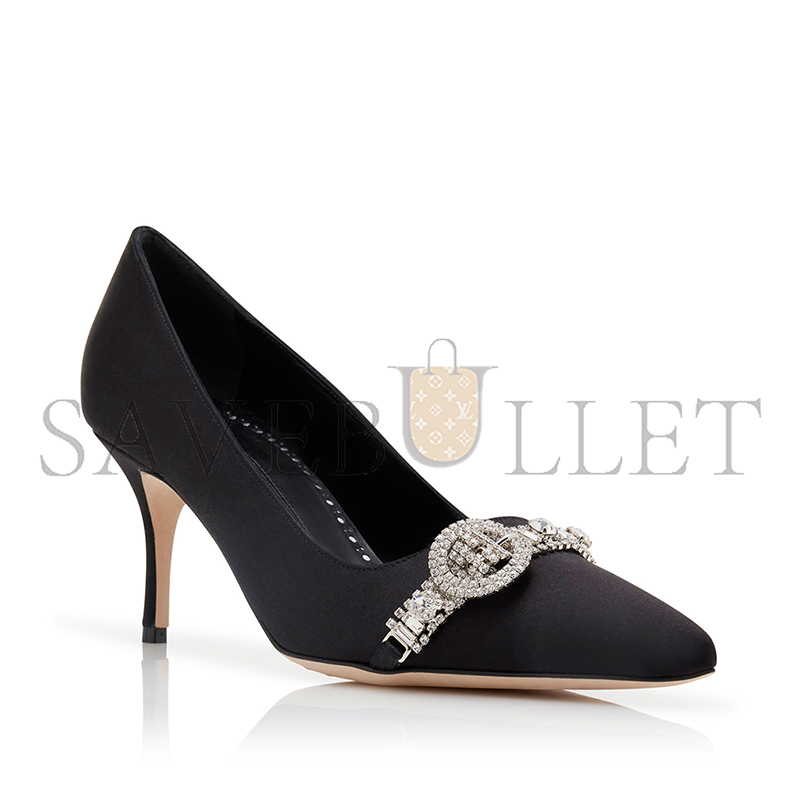 MANOLO BLAHNIK ASAPUMP BLACK SATIN JEWEL EMBELLISHED PUMPS 424-1928-0001