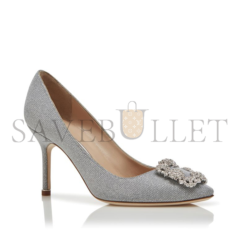 MANOLO BLAHNIK HANGISI GLITTER 90 SILVER GLITTER FABRIC JEWEL BUCKLE PUMPS 9XX-0599-0016