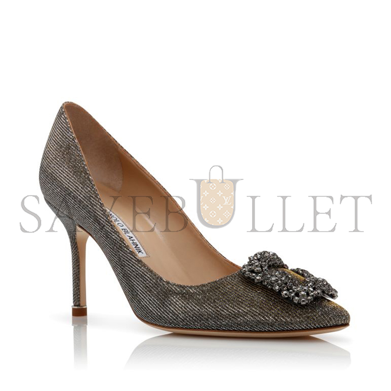 MANOLO BLAHNIK HANGISI GLITTER 90 GOLD GLITTER FABRIC JEWEL BUCKLE PUMPS 9XX-0712-0014