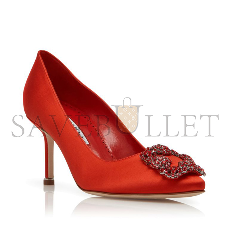 MANOLO BLAHNIK HANGISI RED 70 RED SATIN JEWEL BUCKLE PUMPS 422-1472-0001