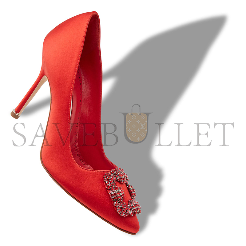 MANOLO BLAHNIK HANGISI RED RED SATIN JEWEL BUCKLE PUMPS 422-1409-0001
