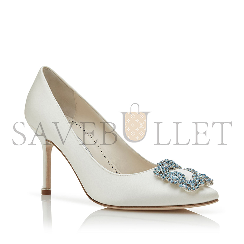 MANOLO BLAHNIK HANGISI BRIDAL 90 WHITE SATIN JEWEL BUCKLE PUMPS 421-1261-0001