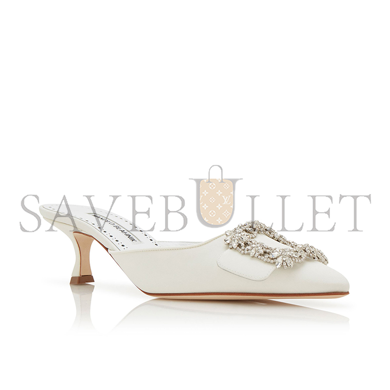 MANOLO BLAHNIK MAYSALE BRIDAL WHITE CREPE DE CHINE JEWEL BUCKLE MULES 118-0115-0003