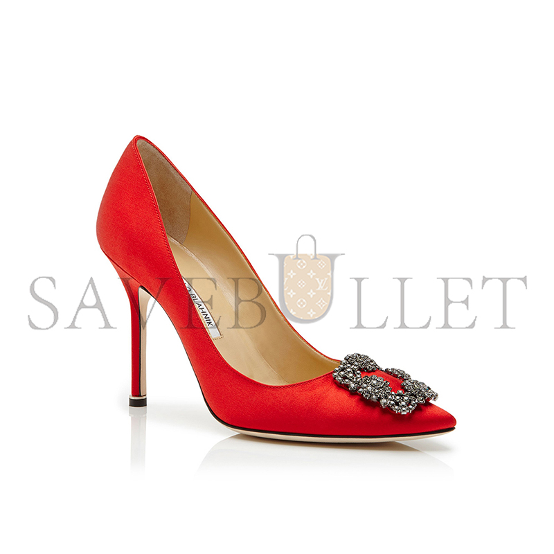 MANOLO BLAHNIK HANGISI RED SATIN JEWEL BUCKLE PUMPS 9XX-0664-0032