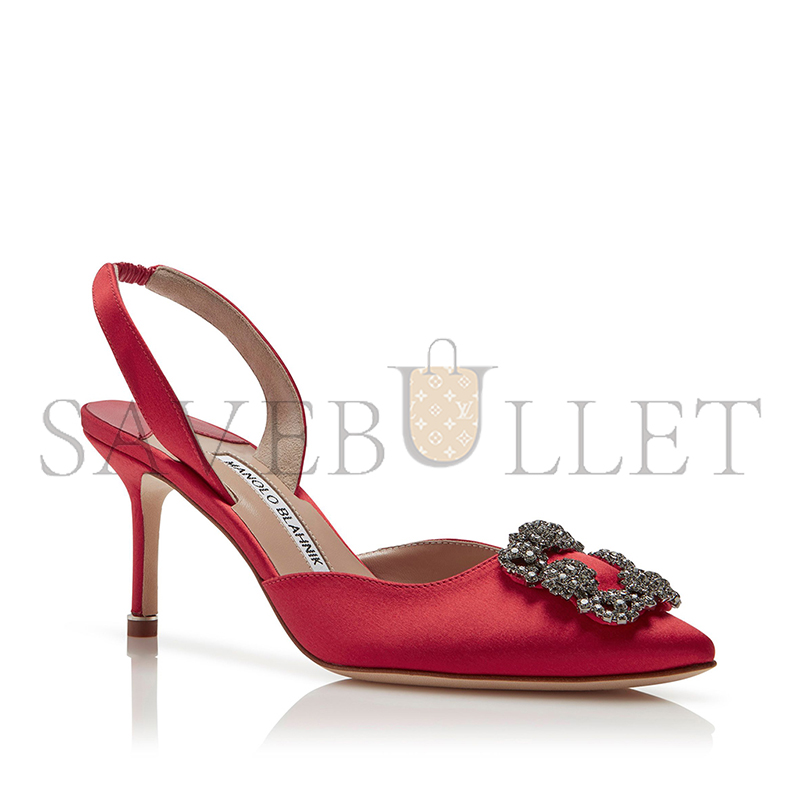 MANOLO BLAHNIK HANGISLI RED SATIN JEWEL BUCKLE SLINGBACK PUMPS 419-0473-0006