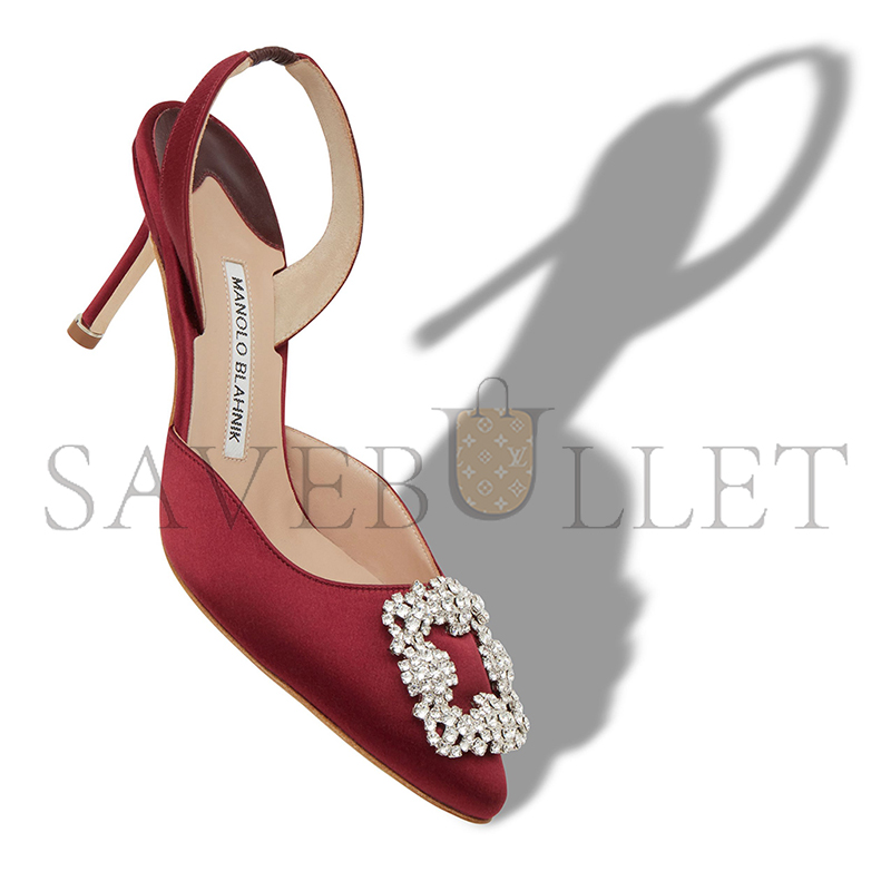 MANOLO BLAHNIK HANGISLI DARK RED SATIN JEWEL BUCKLE SLINGBACK PUMPS 419-0698-0009