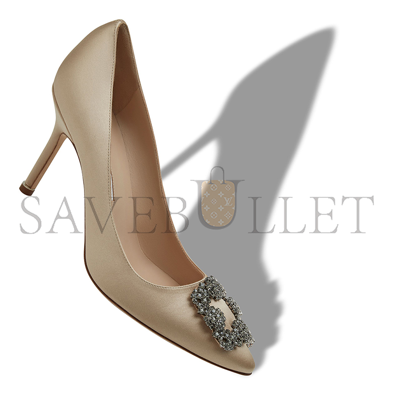 MANOLO BLAHNIK HANGISI 90 LIGHT BEIGE SATIN JEWEL BUCKLE PUMPS 9XX-0663-0042