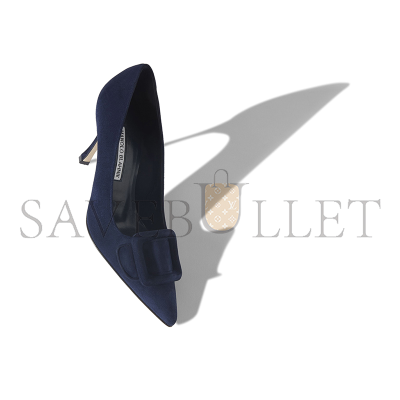 MANOLO BLAHNIK MAYSALEPUMP 90 NAVY BLUE SUEDE BUCKLE DETAIL PUMPS 219-0174-0010