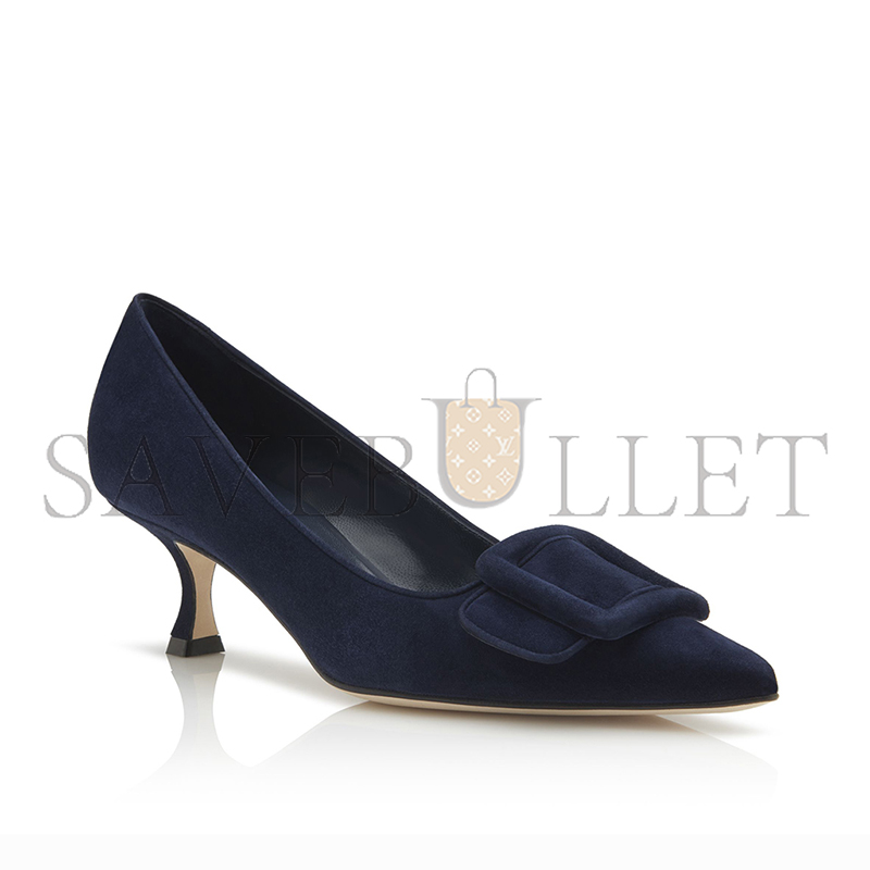 MANOLO BLAHNIK MAYSALEPUMP 50 NAVY BLUE SUEDE BUCKLE DETAIL PUMPS 219-0173-0008