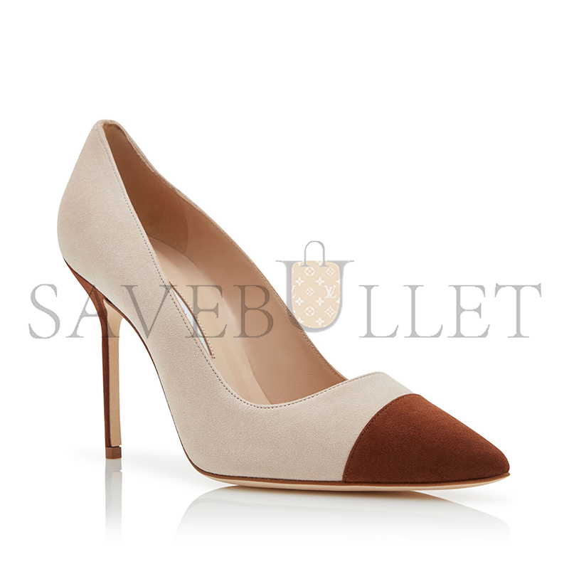 MANOLO BLAHNIK CAPCOUR BROWN AND BEIGE SUEDE POINTED TOE PUMPS 424-1966-0004