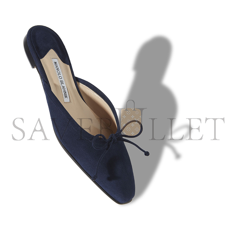 MANOLO BLAHNIK BALLERIMU NAVY BLUE SUEDE FLAT MULES 9XX-0657-0018