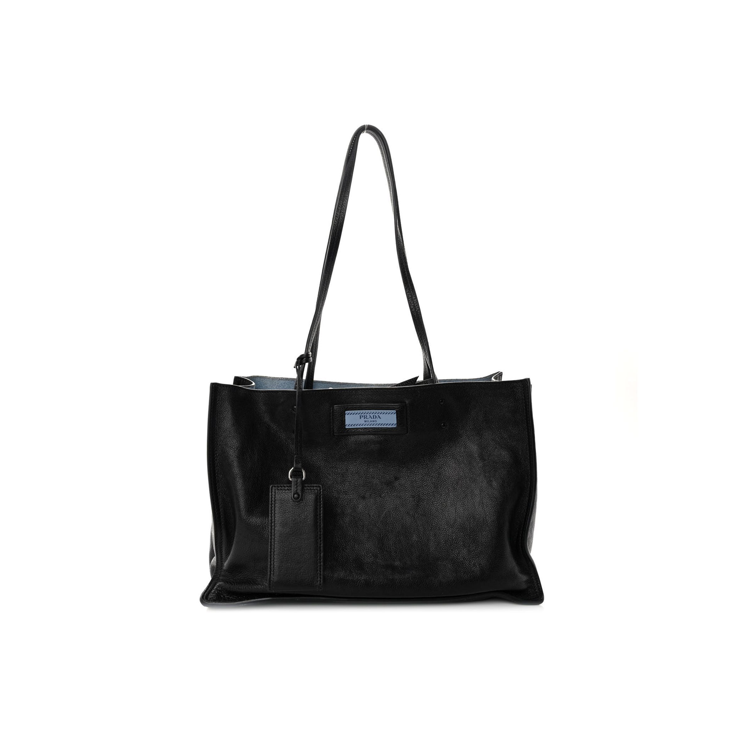 Pra*a glace calfskin etiquette shopping bag black astrale (33*22*16cm)