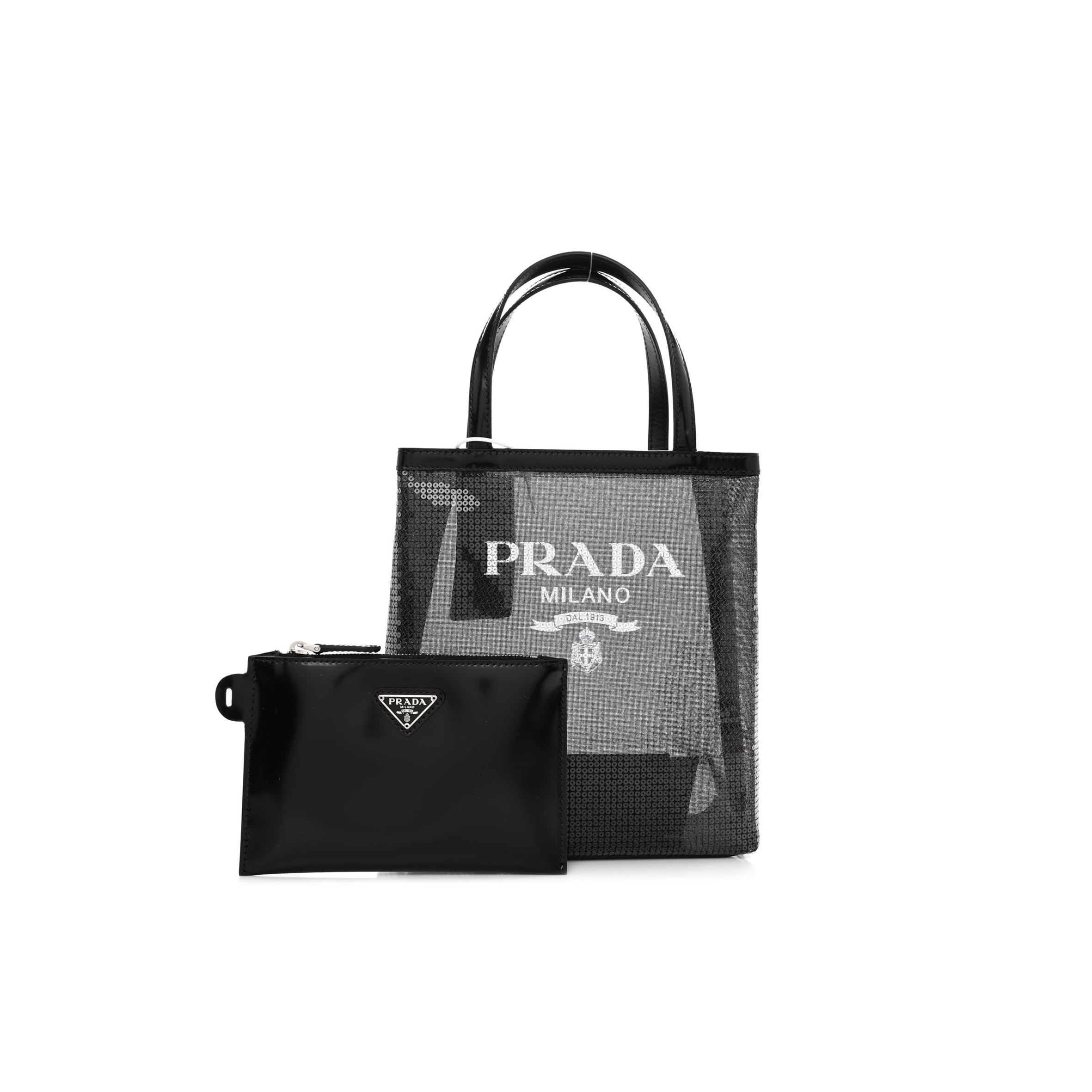 Pra*a sequin mesh small tote bag black (22*20*8cm)
