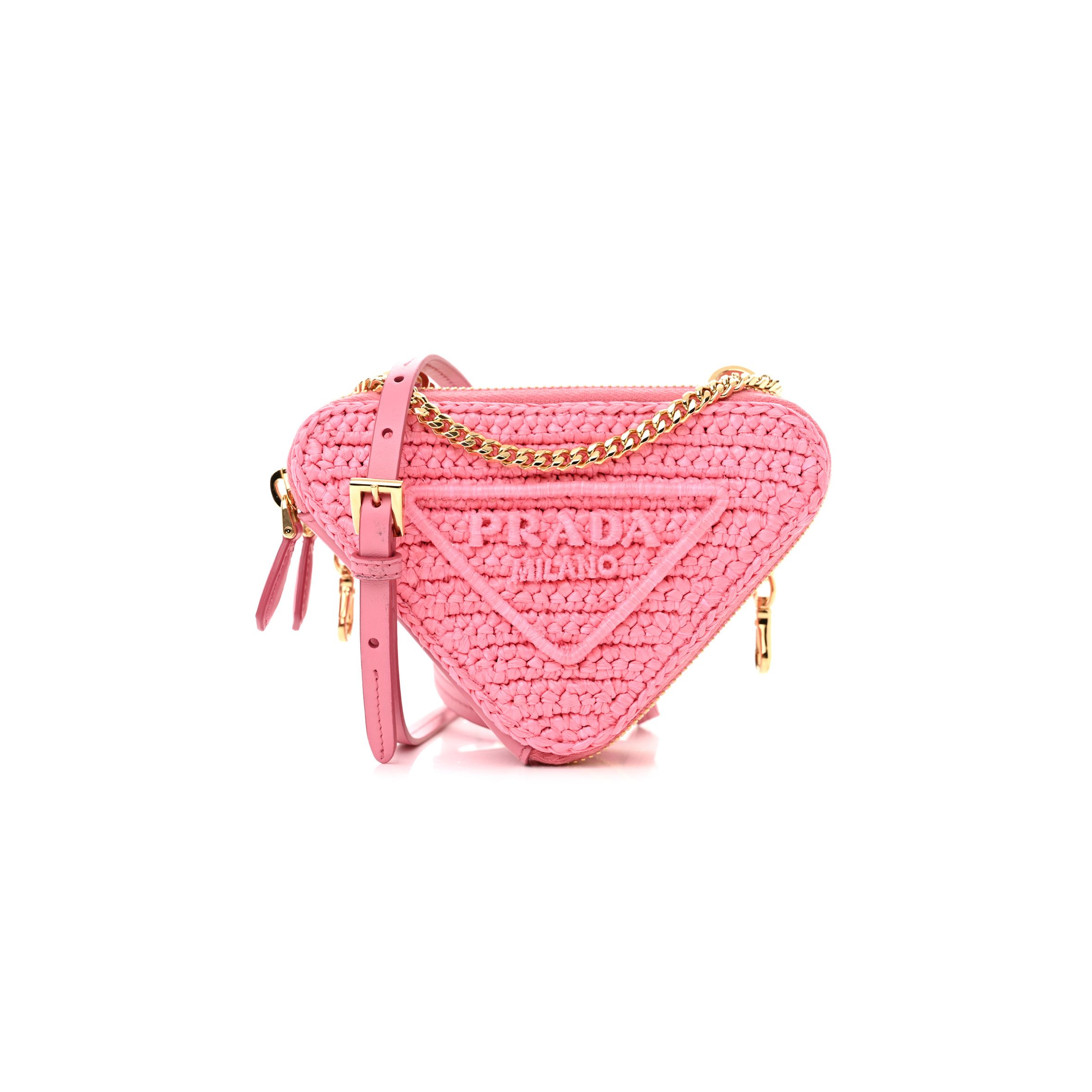 Pra*a raffia effect yarn crochet mini triangle pouch petal pink (15*10*5cm)