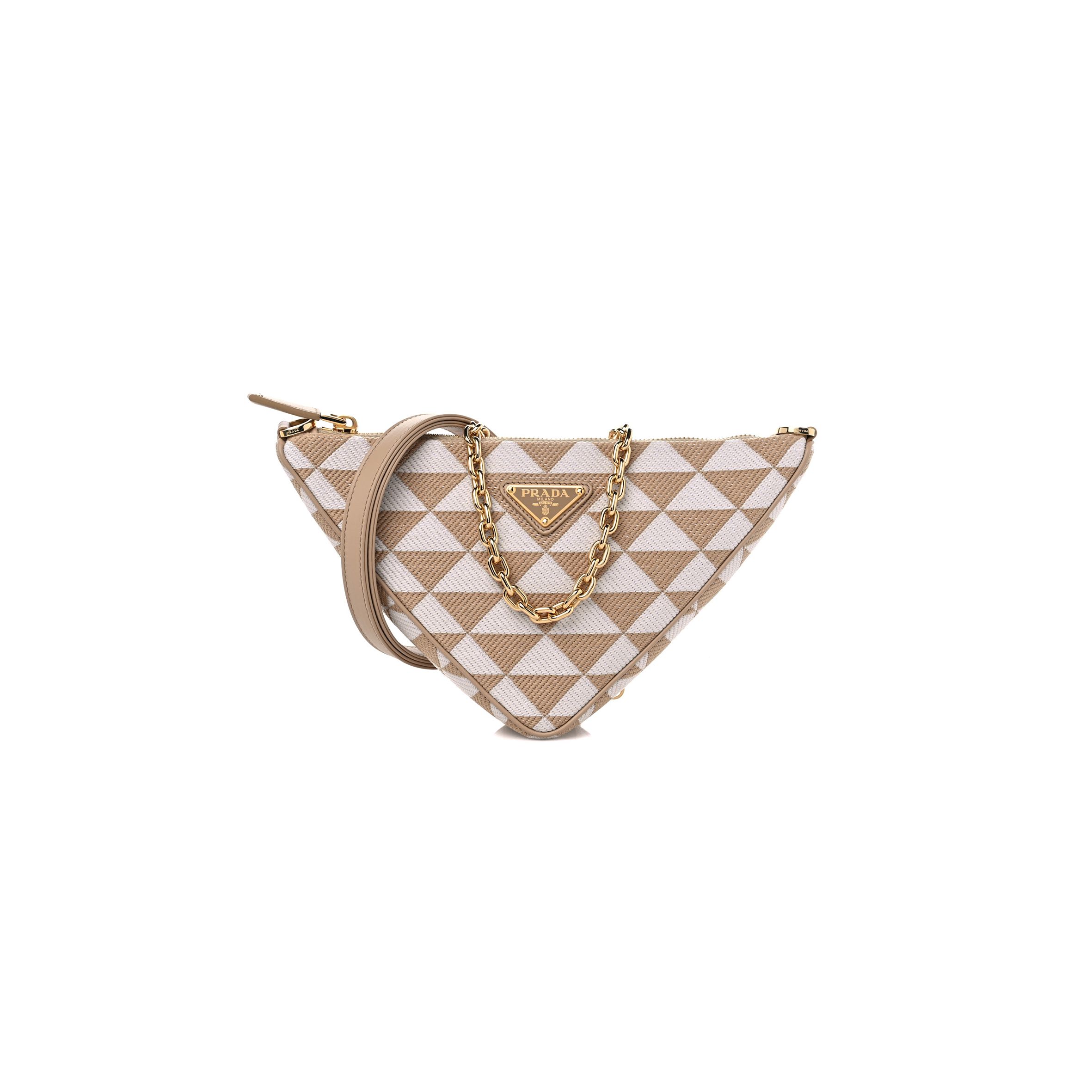 Pra*a jacquard triangolo symbole embroidered mini triangle shoulder bag beige chalk white (27*15*6cm)