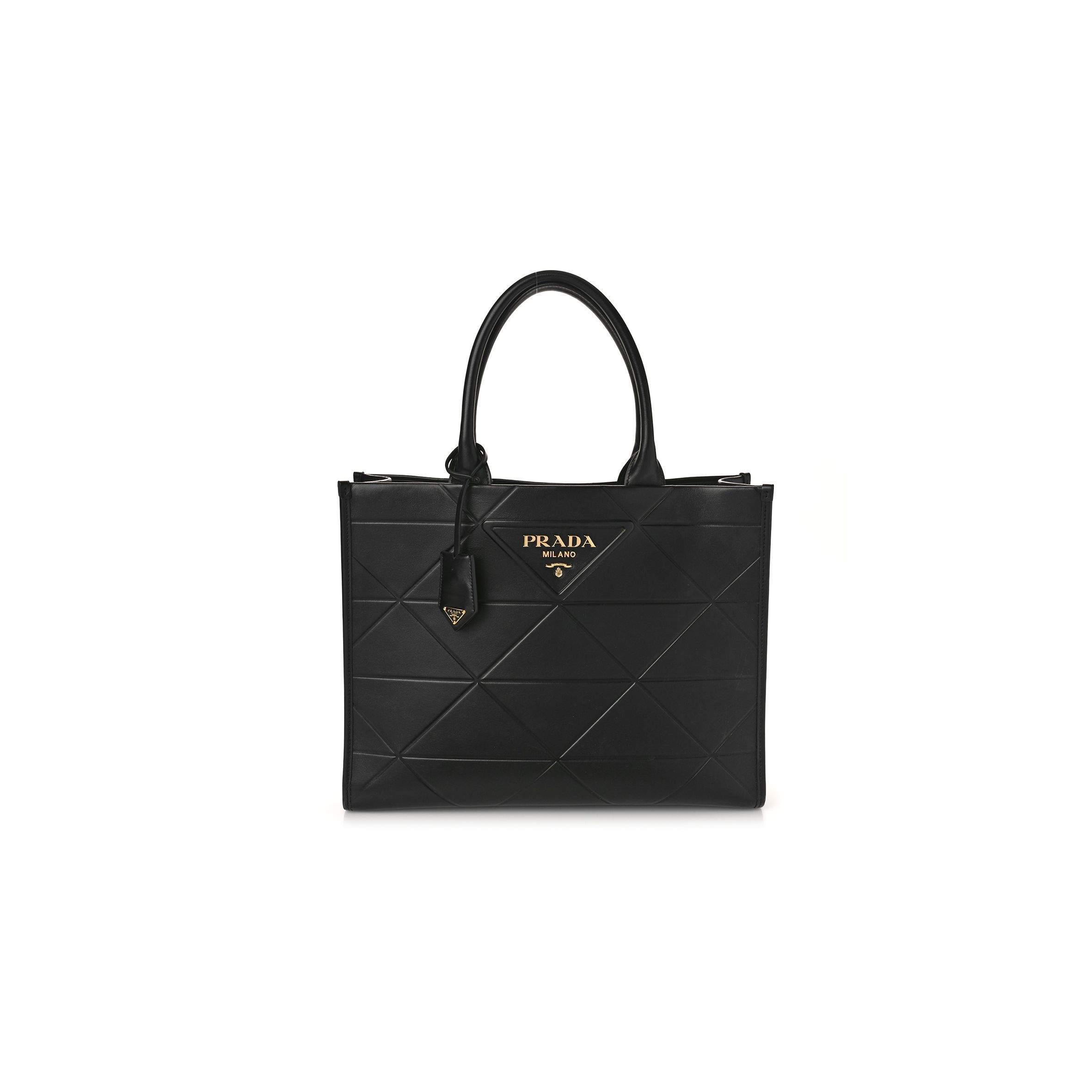 Pra*a soft calfskin triangolo symbole embossed medium tote black (35*27*11cm)