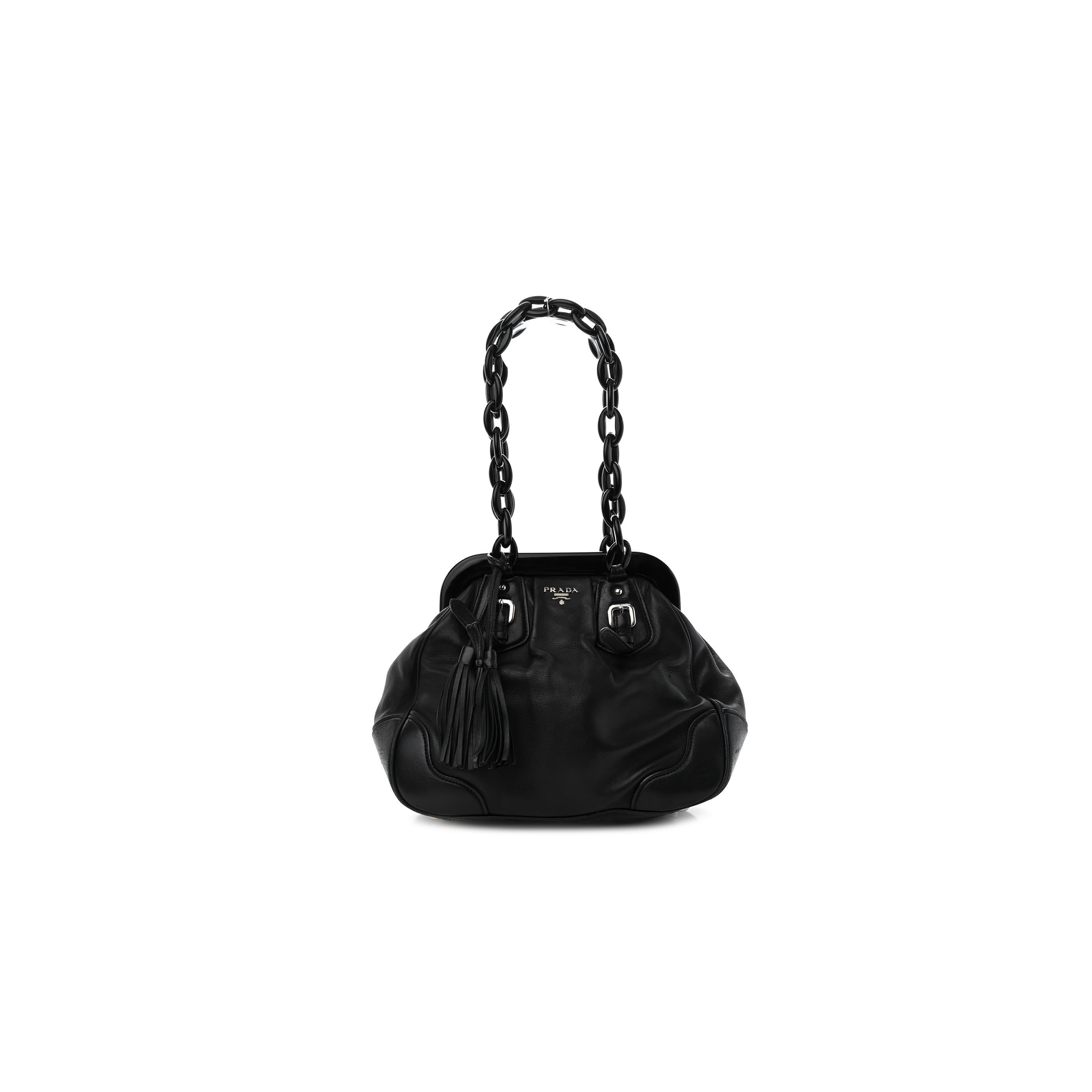 Pra*a calfskin swing chain frame bag black (25*23*10cm)