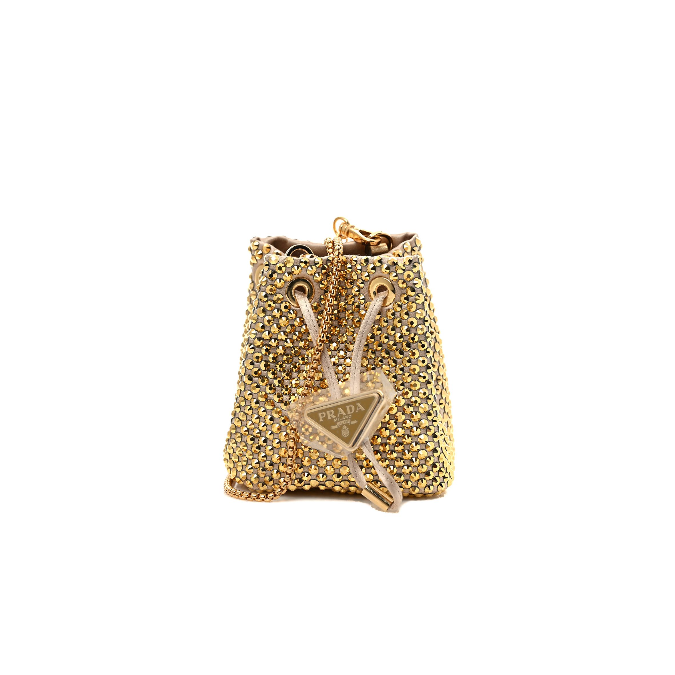 Pra*a satin crystal drawstring mini pouch platino (9*9*6cm)