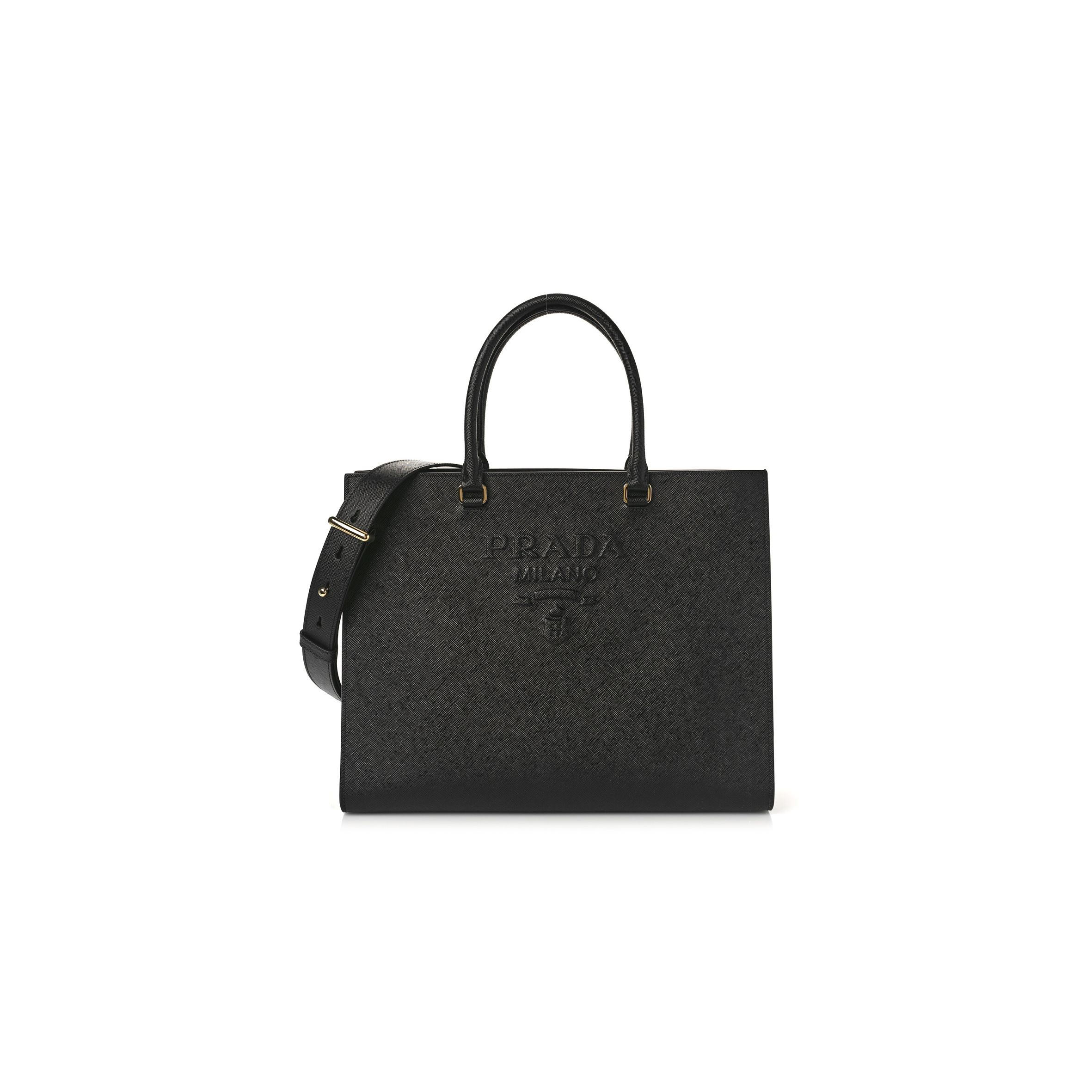 Pra*a saffiano lux logo embossed large handbag black (33*25*11cm)